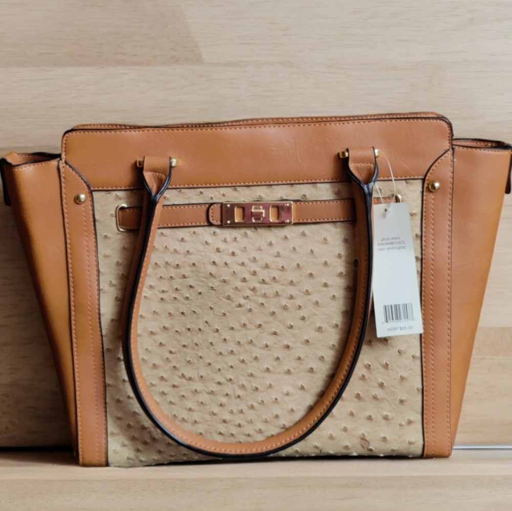 Mondani New York Sand/Cognac Faux Ostrich Double Handle Purse NEW